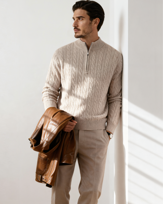 100% Cashmere Woven Half Zip - Old Money